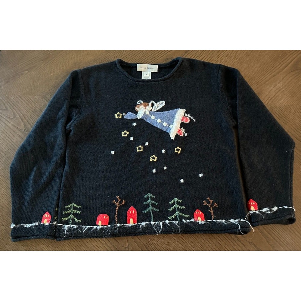 Vintage 2000 Susan Bristol Angel Applique Women's Small Black Sweater